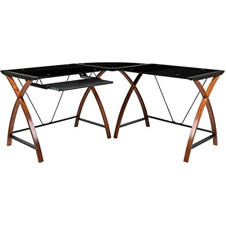 Flash Furniture Jude Eck-Computertisch mit ausziehbarer Tastaturablage aus Glas, L-Form, Schwarz – Bild 6