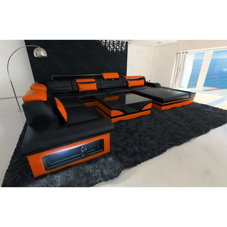 XXL Wohnlandschaft Mezzo - Ledermix - schwarz-orange - Rechts – Bild 3