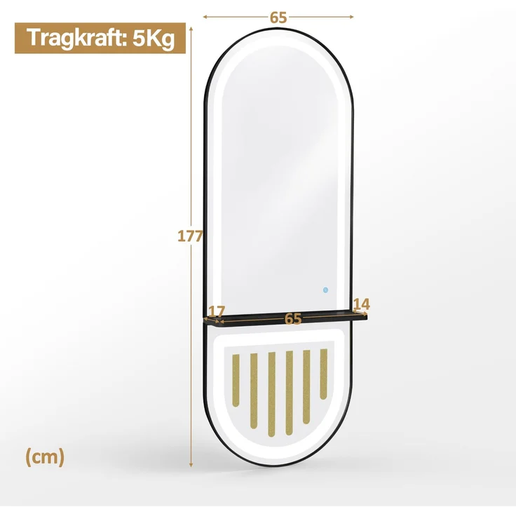 BarberPub Wandspiegel mit Beleuchtung, Ganzkörperspiegel mit Aluminiumrahmen, Spiegel Groß mit Ablage, Touch-Schalter, 3 Lichtfarben Dimmbar, Mondern für Friseursalon, 17x65x177 cm, J6257 (Schwarz) – Bild 3