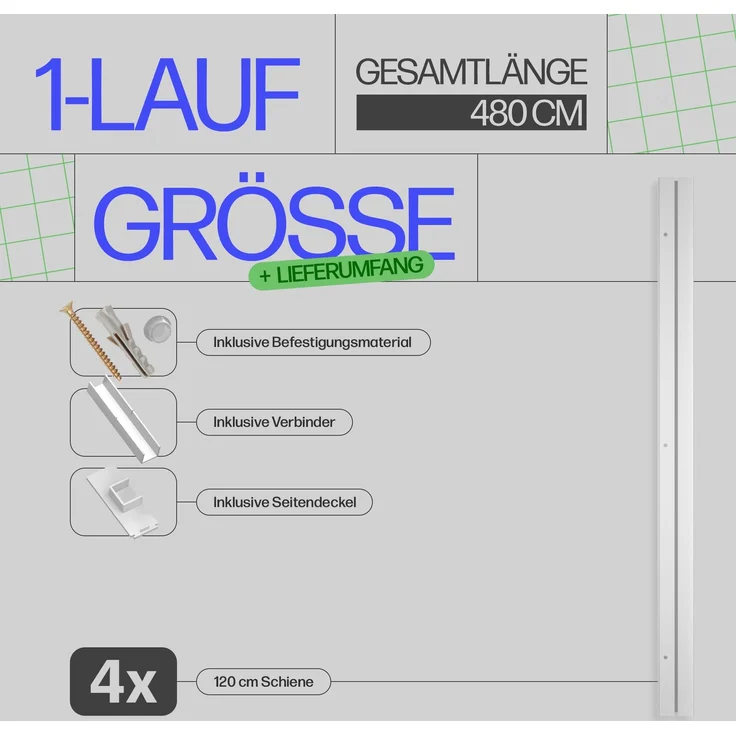 Bestlivings Gardinenschiene ( Weiß ) 480cm (4x120 cm) 1-läufig – Bild 2