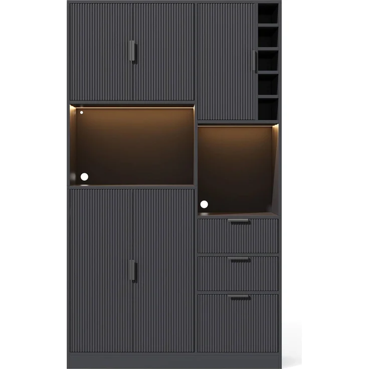 Küchen-Buffetschrank aus MDF mit Weinregal, LED-Beleuchtung & Ladeanschlüssen, 105x40x180 cm, Schwarz – Bild 5