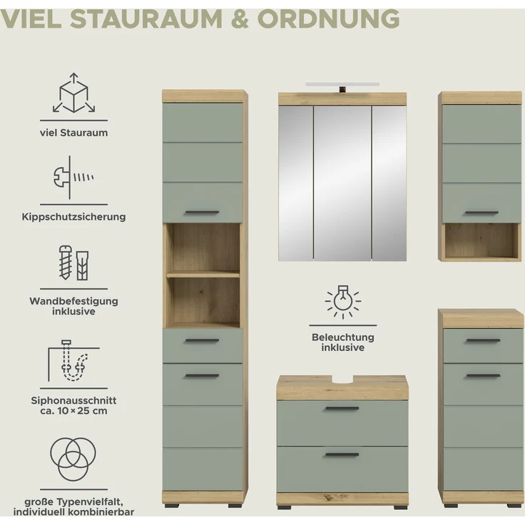 Xonox Scout Badkombination (B/H/T: 164x191x34 cm) in Salbei und Artisan Eiche Nachbildung – Bild 12