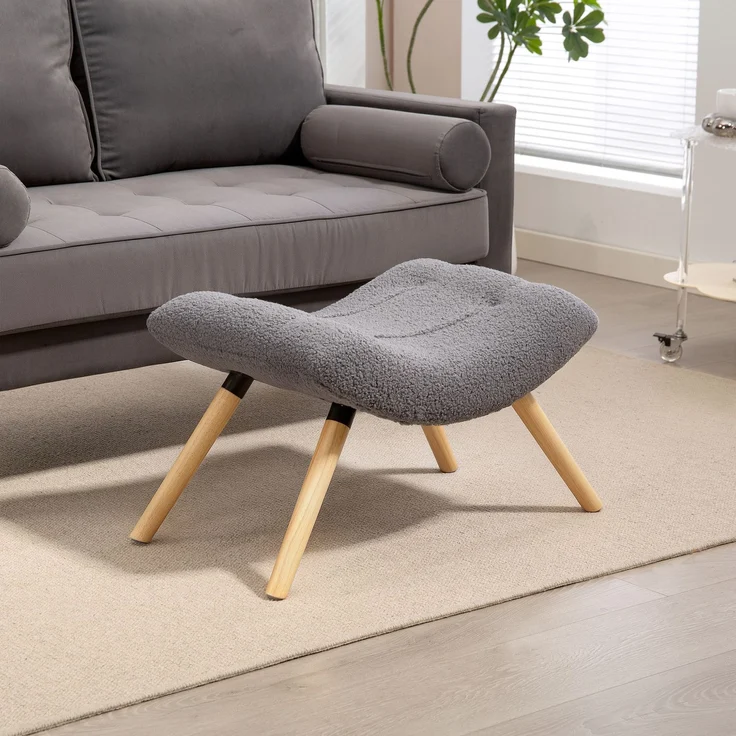 MELAYR, Moderner Fußhocker mit Fleece-Bezug und Holzbeinen, gepolstert, für Wohnzimmer, 67 x 45 x 38 cm, Dunkelgrau – Bild 4