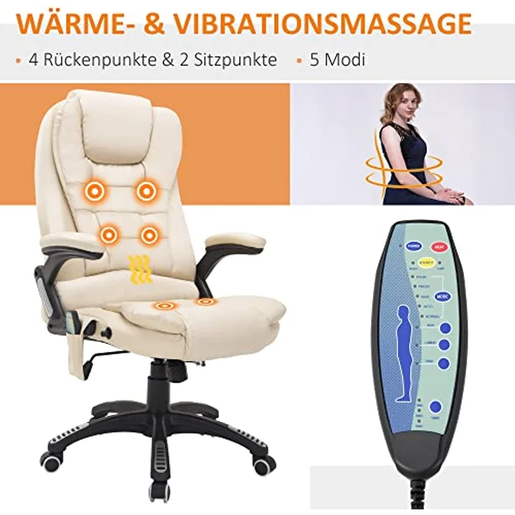 HOMCOM Schreibtischstuhl Bürostuhl mit Massagefunktion, mit Wärmefunktion, Chefsessel (Massagesessel, 1 St), für Wohnbereich, Cremeweiß – Bild 5