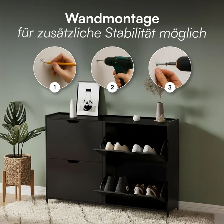 Bellamio 'Ceyhan' Schuhschrank mit 4 Klappen, schmales Schuhregal, schwarz, 100x19x90 cm, Schuhkipper für 8 paar Schuhe – Bild 6