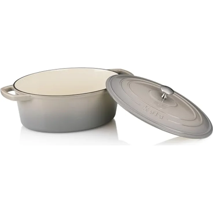 kela Bräter Gusseisen oval 4 Liter, Dutch Oven CALIDO, Induktion Gussbräter mit Deckel, Gusseisen Topf Brot backen, emailliert, hellgrau – Bild 8