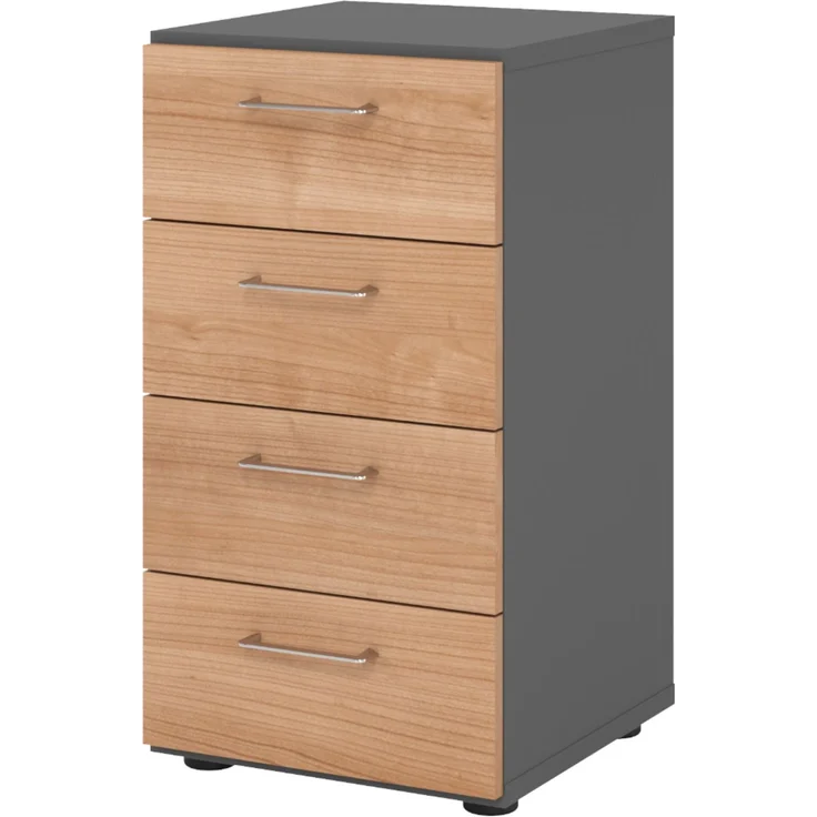 bümö smart Schubladenschrank, Büroschrank in Graphit/Nussbaum mit 4 Schüben - Bürocontainer aus Holz, Container mit Metallgriffen & Soft-Stop Schubladen, 924S4-G-N-BS
