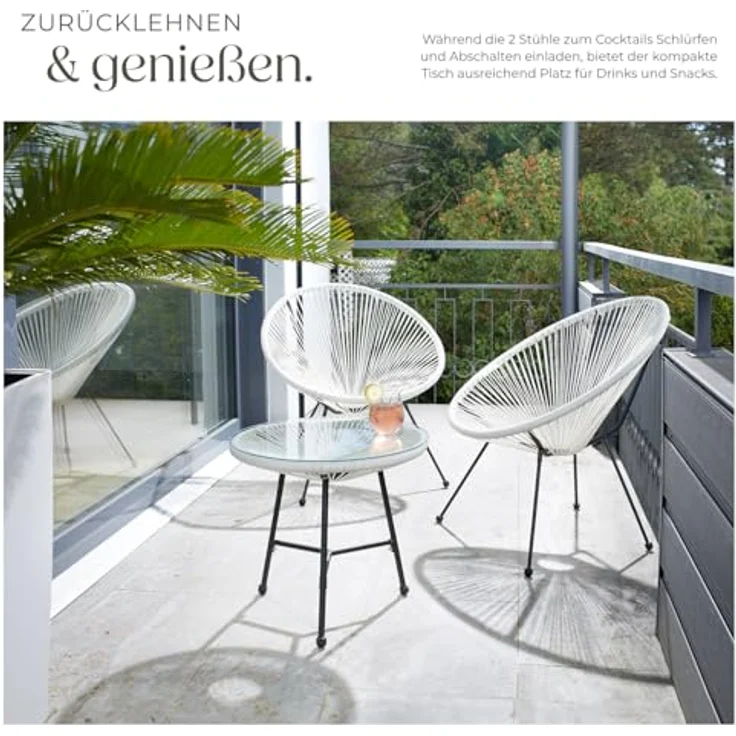 tectake® Set 2X Stuhl 1x Beistelltisch Acapulco, Gartenstuhl, Gartenstühle im Retro Design, Indoor und Outdoor Sessel für Garten, Wintergarten, als Terrassenstühle oder Balkon Sessel - weiß – Bild 5
