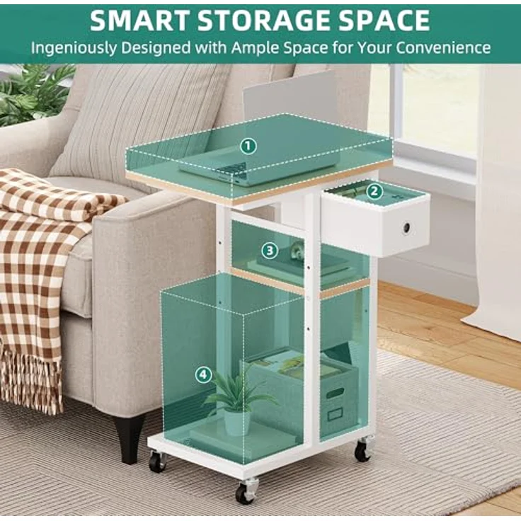 YITAHOME 2PCS Beistelltisch, C-Form Sofatisch mit Rollen und Schublade，Wohnzimmertisch für Kaffee und Laptop，für Wohnzimmer, Schlafzimmer，50 x 30 x 67 cm, Eiche – Bild 6