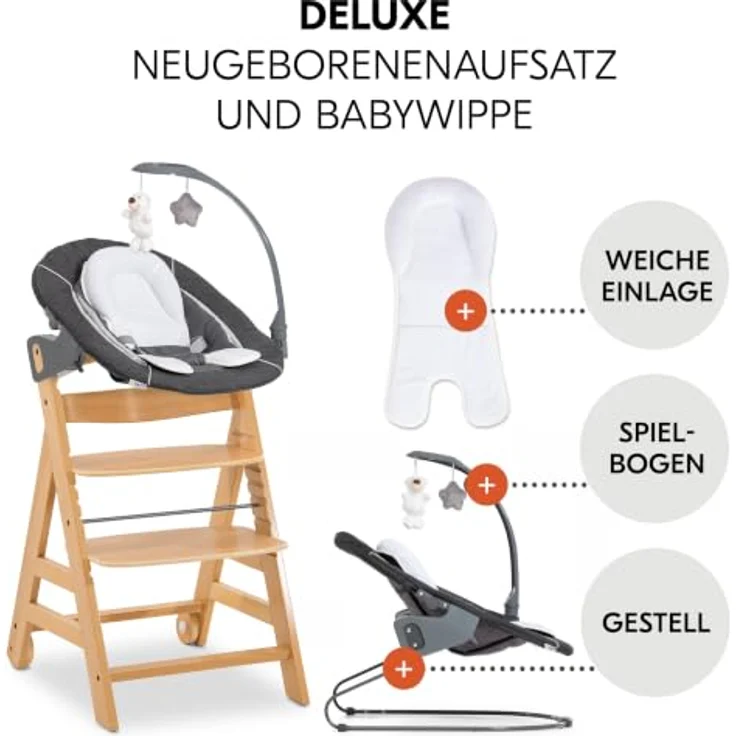 hauck Beta+ Hochstuhl Newborn Set mit Deluxe Bouncer - Natural | Mitwachsender Holz Kinderhochstuhl mit Rollen ab Geburt bis 90 kg | inkl. Neugeborenenaufsatz, Essbrett & Sitzkissen – Bild 4