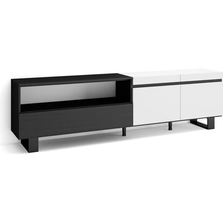 Skraut Home | TV-Schrank, Lowboard | für Wohnzimmer und Esszimmer | 200 x 57 x 35 cm | Für TV-Geräte bis zu 80" | Industriedesign | Moderner Stil | Weiß und Schwarz