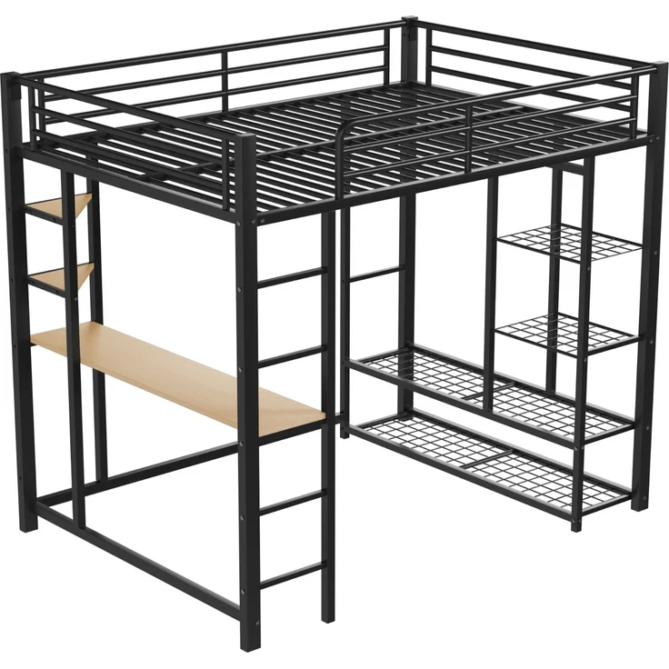 ZUBALIYA Metall-Hochbett mit Leiter 140x200 cm, Juniorbett Doppelbett mit Tisch mit einfachen Kleiderbügeln mit Ablagefächern, Schwarz – Bild 14