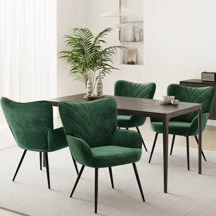 COLAMY Esszimmerstühle mit Armlehnen 4er Set, Stühle Esszimmer mit Rückenlehne, Polsternder Küchenstühle Gepolstert mit Wingback, Dining Chairs mit Holzbeinen für Esszimmer, Küche, Restaurant, Grün