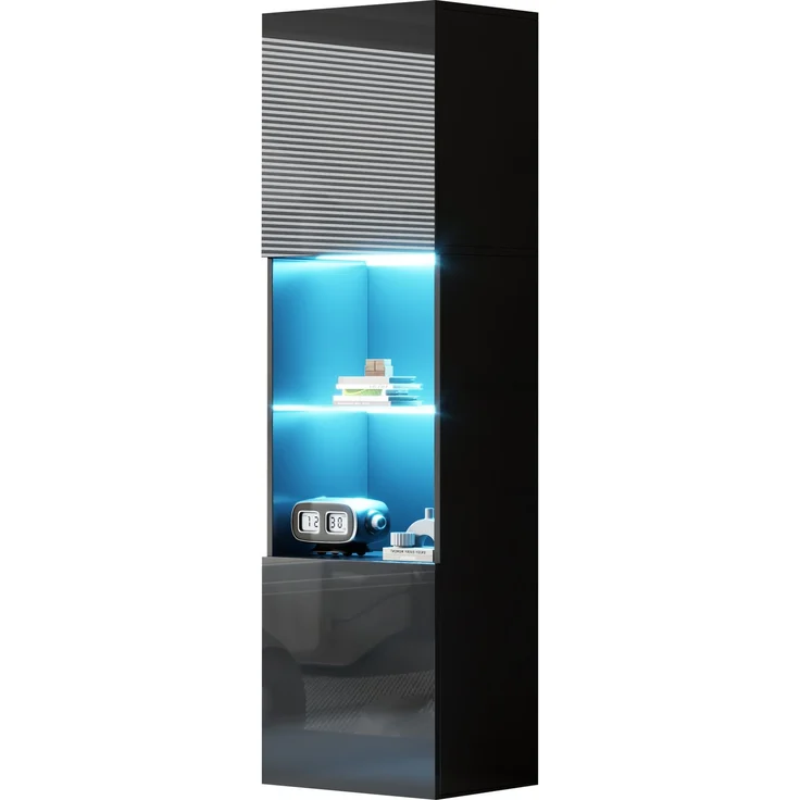DESVIAE Vitrine mit LED-Beleuchtung, 45x160x35 cm, aus Spanplatte, Schwarz Hochglanz – Bild 7