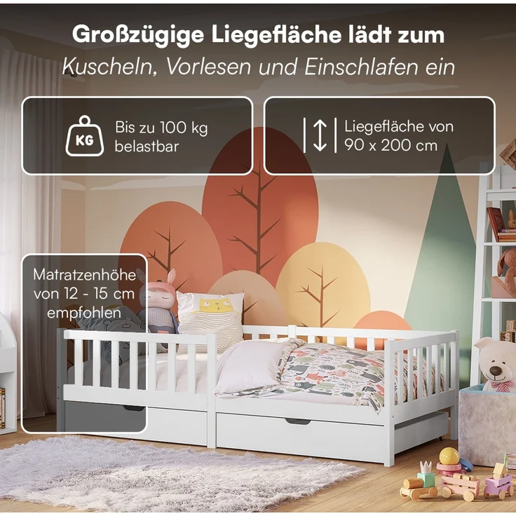 Bellabino 'Vere' Kinderbett 90x200 cm mit 2 Schubladen, weiß, Massivholz Kiefer, Jugendbett mit Rausfallschutz und Lattenrost – Bild 5