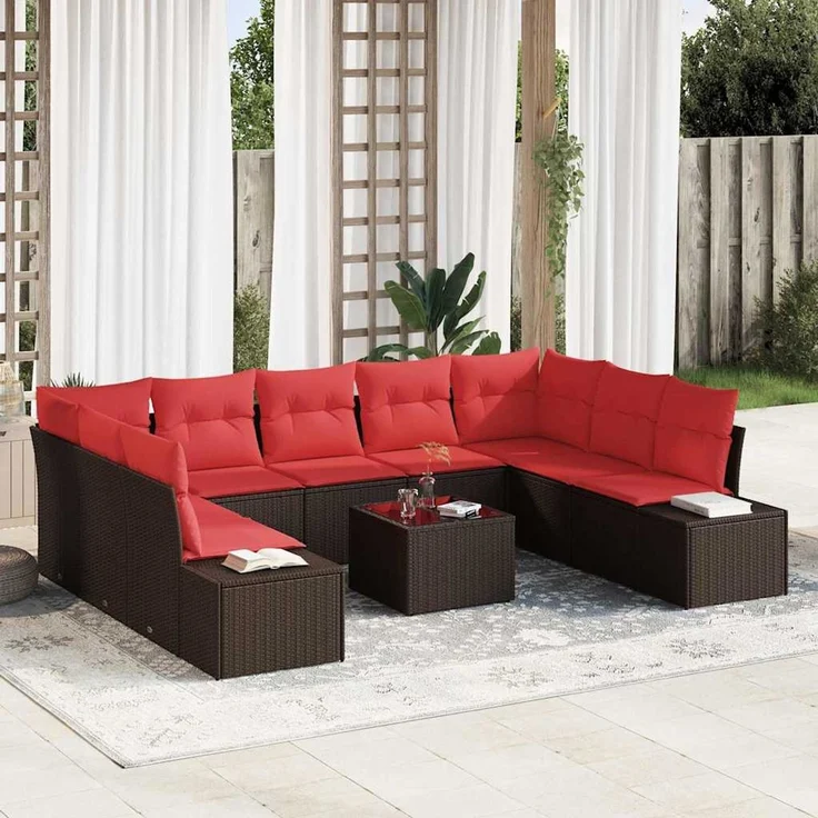 vidaXL Gartensofa-set 9 stk. 8-Sitzer Braun und Rot 3355903 – Bild 1