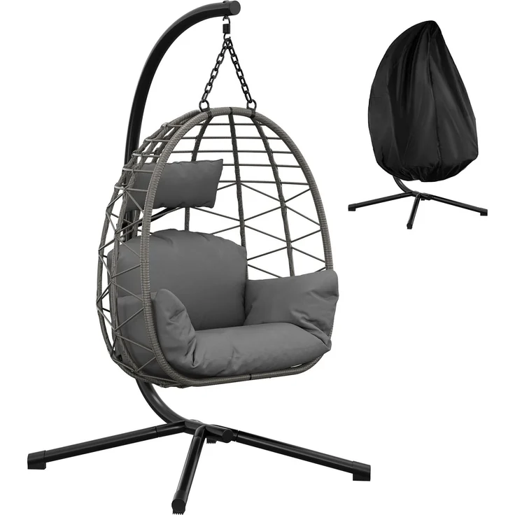 Hängesessel mit Gestell Outdoor bis 150 kg belastbar, Rattan Hängesessel mit Metallgestell, ideal als Hängesitz Indoor mit Gestell für Garten, Terrasse & Balkon Grau – Bild 1
