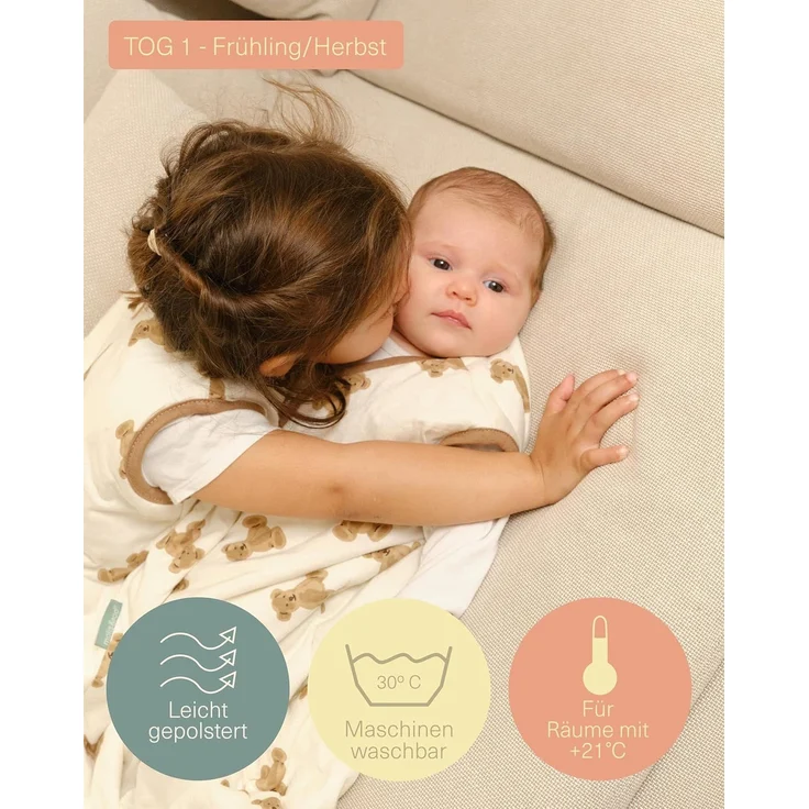 molis&co - Baby Schlafsack ärmellos - Ideal für Frühling und Herbst - Babyschlafsack 1 tog ohne Ärmel - Leicht gepolstert - 100% Baumwolle (Oeko-TEX 100), Premium Qualität - Teddy (70 cm) – Bild 4