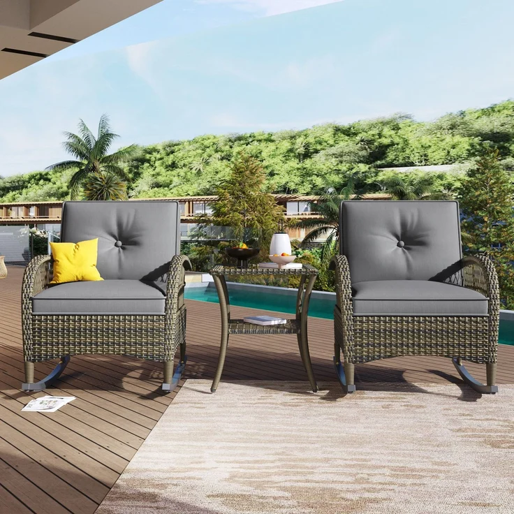Balkonset mit 1 quadratischem Glastisch und 2 Schaukelstühlen, 3-tlg, Loungeset, Gartenmöbel, Metallrahmen, Polyrattan – Bild 2