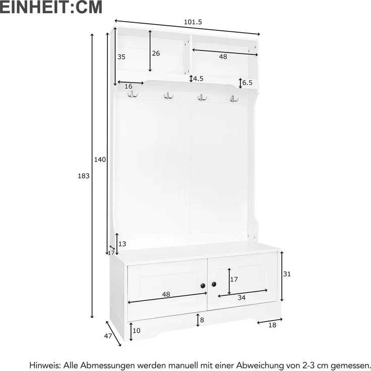 Schrank mit integrierter Sitzbank, Stauraum, Silent Soft-Close Türen, offenen Fächern und 4 Haken – Bild 9
