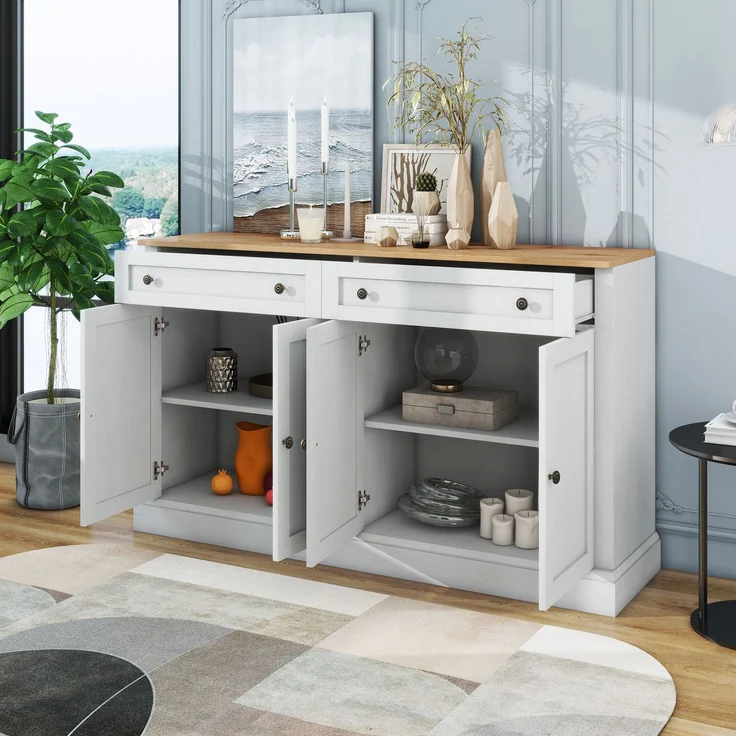 Sideboard Weiß mit Naturholz-Optik, 4 Türen 2 Schubladen, großer Stauraum, Wohnzimmer Anrichte Buffetschrank – Bild 3