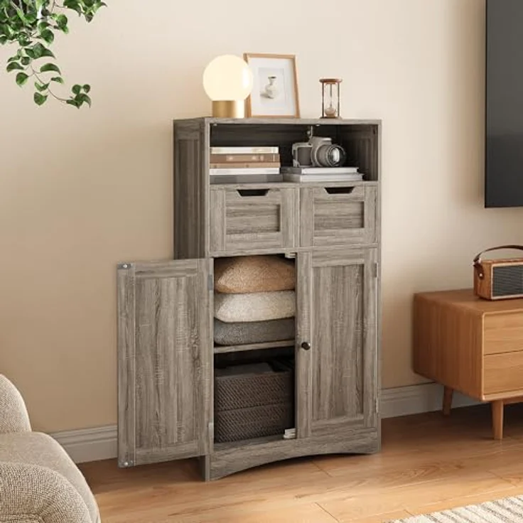 Bealife Badezimmerschrank mit 2 Schubladen, verstellbares Regal, multifunktional, für Badezimmer, Schlafzimmer, Flur (60 x 30 x 108 cm) (grau) – Bild 10