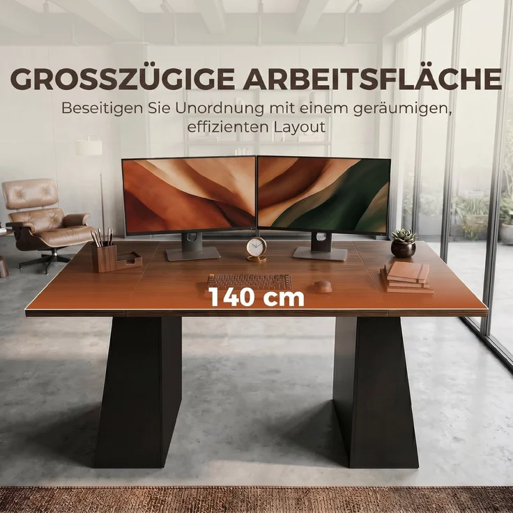 MELAYR, Schreibtisch mit 4 offenen Ablagen, Industrial Design, 140 cm, Braun-Schwarz – Bild 6