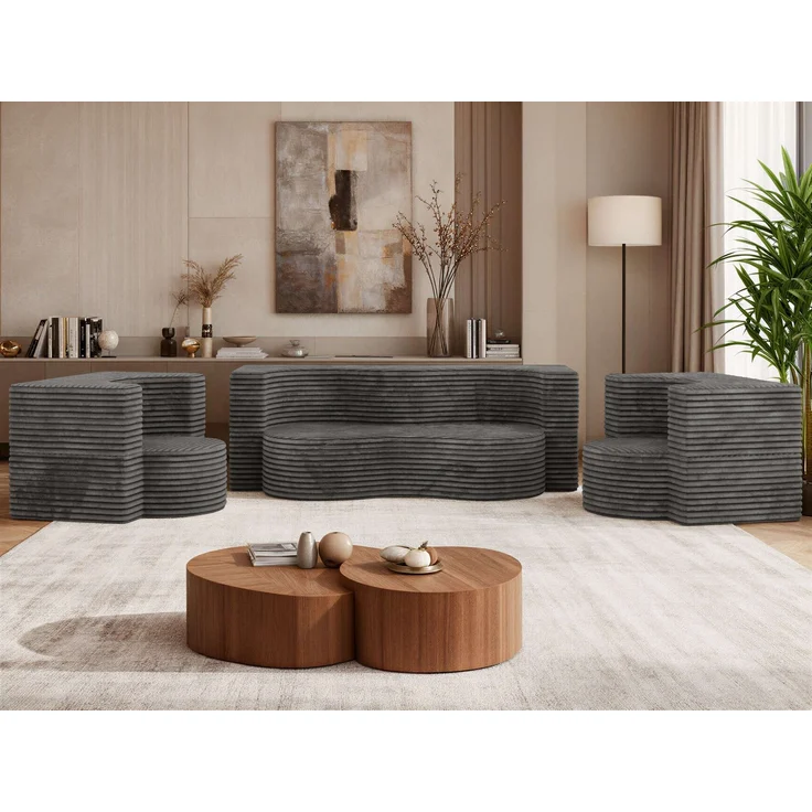 Polstermöbel-Set SANOA, Sofa mit 2 Sesseln, Schlaffunktion, Ausklappbares Sofa, 3-teiliges, Schaumstoffkern - Dunkelgrau Cord – Bild 5