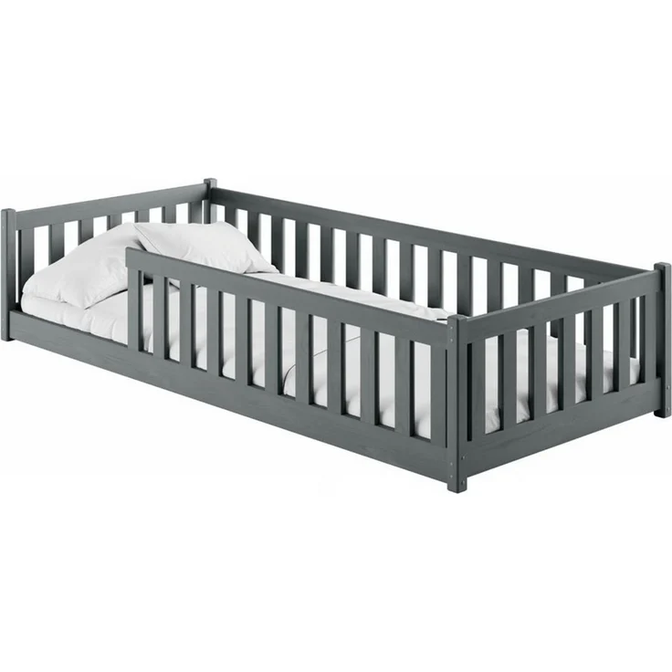 Kids Collective Kinderbett Bodenbett Bett mit Rausfallschutz & Lattenrost Montessori Bett Kinder (weitere Größen 80x160, 80x180, 90x190, 120x200, 140x200 cm), Jugendbett Einzelbett Graphit Kiefer 90x200 cm – Bild 2
