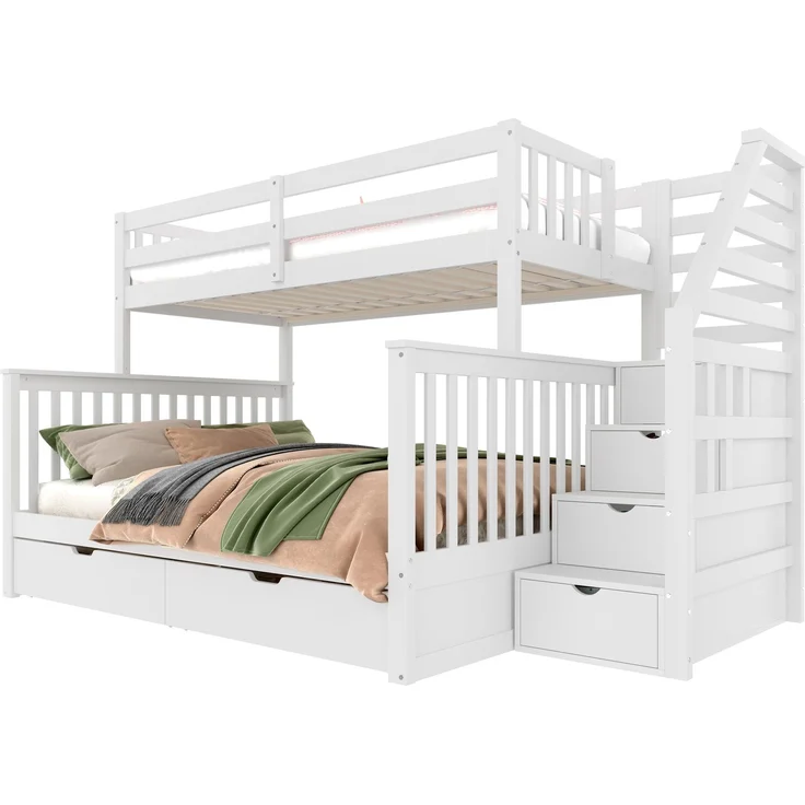 Etagenbett 90x200 & 140x200 cm, Kinderbett und Jugendbett, mit Schubladen und Stauraum, Kiefernholz, Weiß – Bild 1