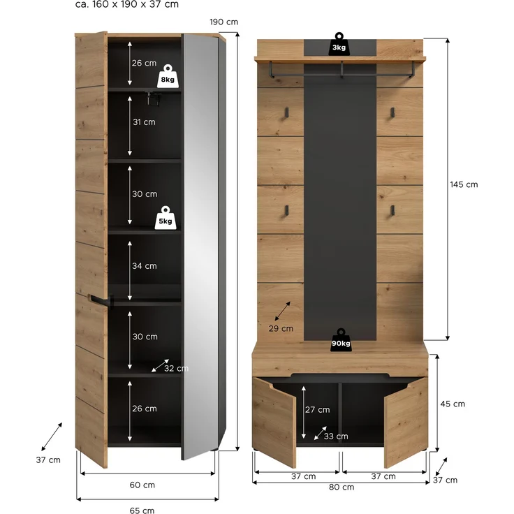 Garderobenkombination (B/H/T: 160x190x37 cm) in Artisan Nachbildung – Bild 4