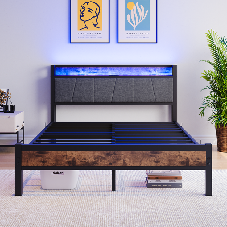 Homerecommend Metallbett 140x200 cm, Doppelbett und Jugendbett, mit RGB-LED-Beleuchtung und 2 USB-Anschlüssen, Vintage Braun & Schwarz – Bild 8