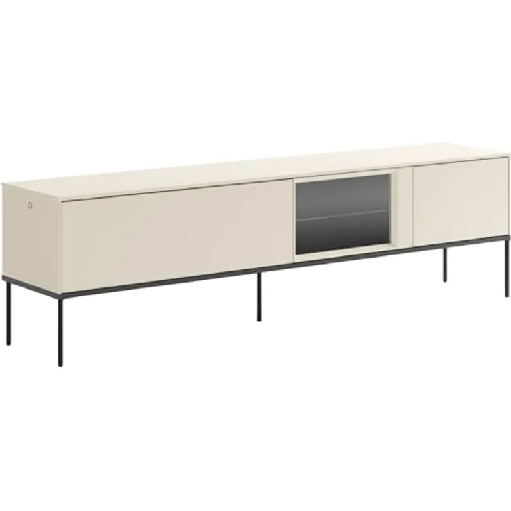 Selsey TV-Lowboard 196 cm Cremefarbenes Mattes Design Hochwertige Spanplatte & Gehärtetes Glas Schwarze Metallbeine Integriertes Eye-LED mit Touch Push-to-Open Ideal fürs Wohnzimmer