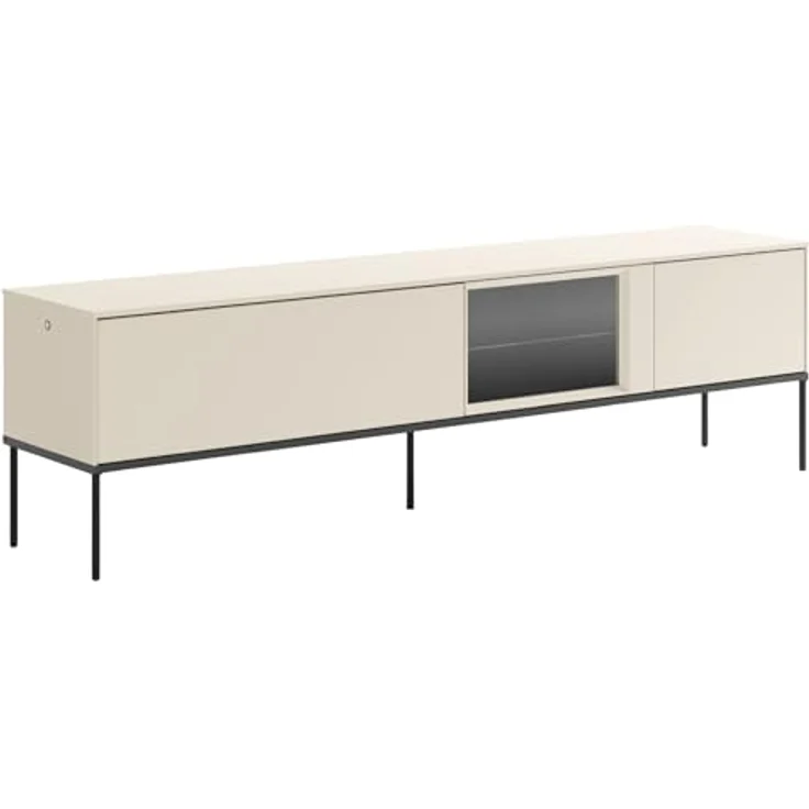 Selsey TV-Lowboard 196 cm Cremefarbenes Mattes Design Hochwertige Spanplatte & Gehärtetes Glas Schwarze Metallbeine Integriertes Eye-LED mit Touch Push-to-Open Ideal fürs Wohnzimmer – Bild 1