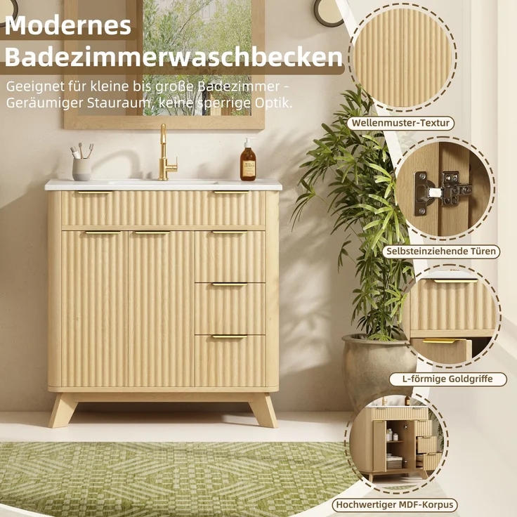 Waschtischunterschrank B 81 x T 47 x H 90 cm aus MDF mit Keramikwaschbecken und Wellenfront – Bild 6