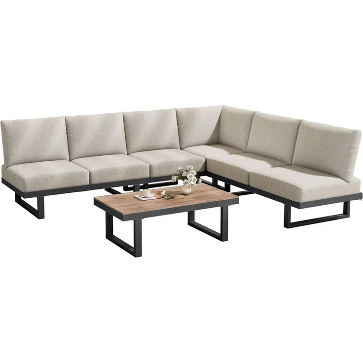 BBWL Gartenlounge-Set Ecksofa mit Liegebett Funktion,Couchtisch Glas,Graubeige, Gartenmöbel Lounge Set,Stahlrahmen,Outdoor Relaxbett wetterfest – Bild 2