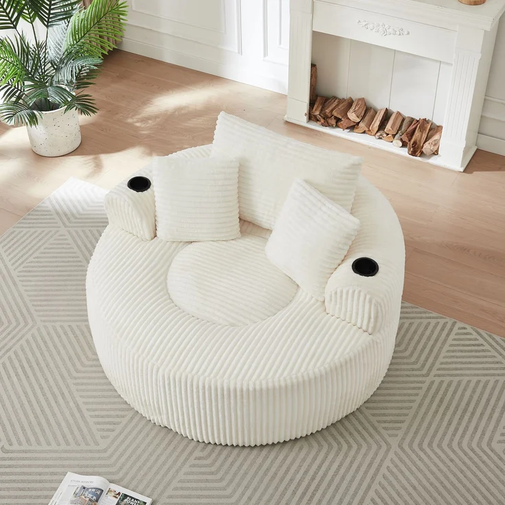 Rundes Loungesofa aus Cord, Einzelsitz Sitzsack Liegestuhl mit 3 Kissen, 2 Getränkehaltern, Seitenaufbewahrung, Rutschfest, Bequemes Relaxsofa für Wohnzimmer Schlafzimmer--Beige--146x29x32cm--YOUDENOVA – Bild 7