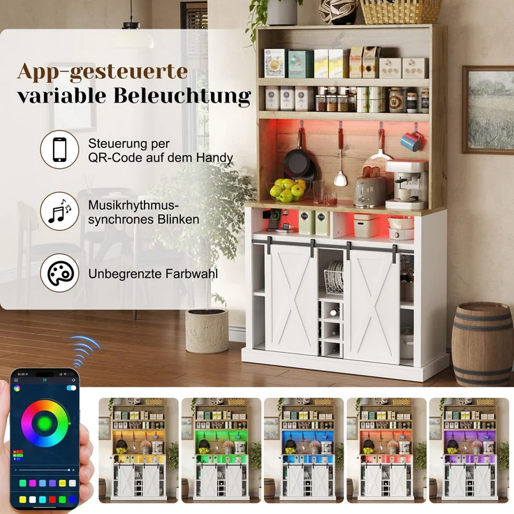 191 cm Küchenschrank, Hochschrank mit LED, Küchenregal mit Steckdose, Haken, Weinregal und Vitrine für Küche & Esszimmer--Natur + Weiß--110x40x191cm--YOUDENOVA – Bild 8