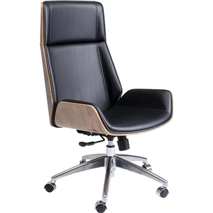 Kare Design Bürostuhl Rouven, Schwarz, Drehstuhl, Polsterstuhl, Stahl Gestell, Holz Rückenlehne, 360 Grad drehbar, höhenverstellbar, rollbar, mit Kippfunktion, 112x59x64 cm (H/B/T)