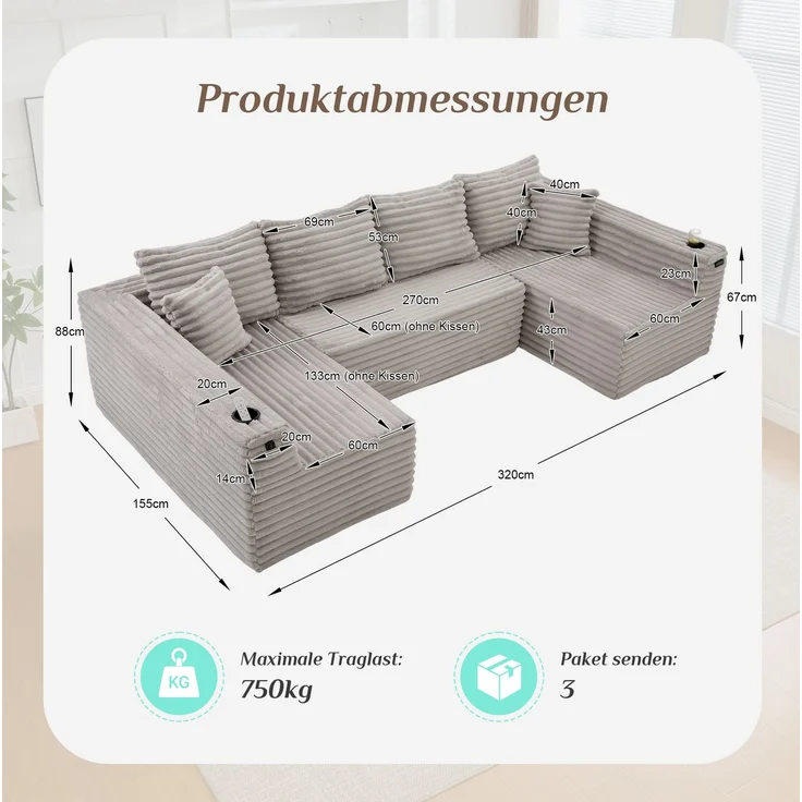 U-Sofa 320 x 155 x 88 cm aus Cord in Hellgrau – modulares Sofa mit Getränkehalter und Seitentasche – Bild 4