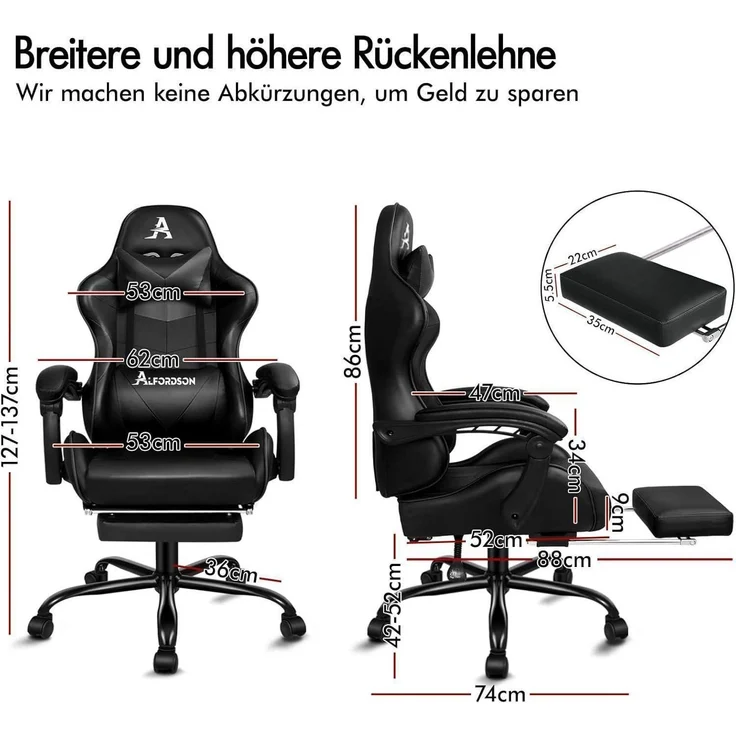 Gaming-Stuhl ALFORDSON Ergonomisch Massage PU Leder Schwarz 180kg – Bild 2