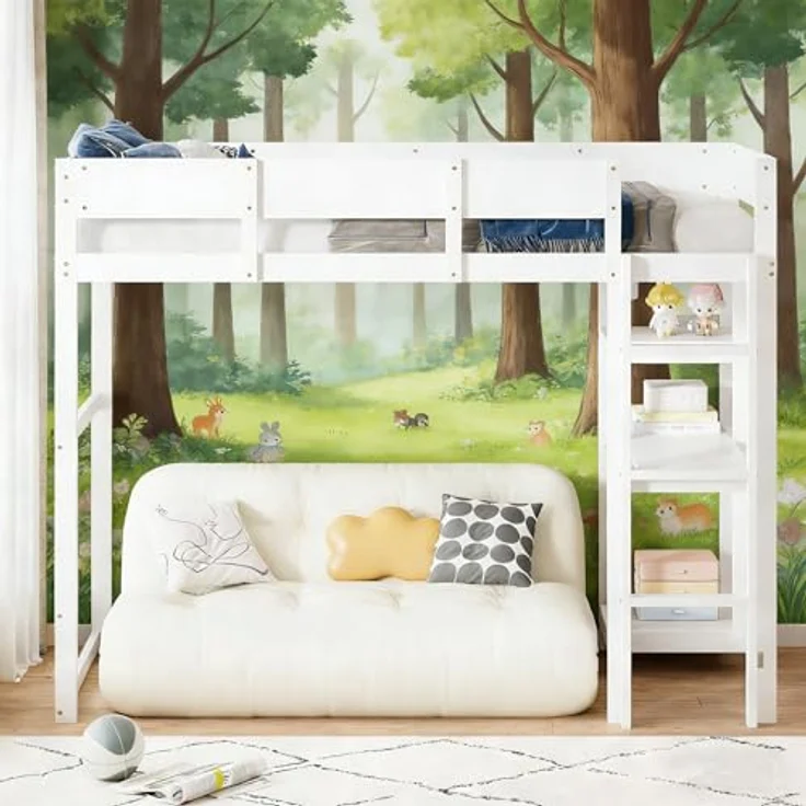 Ball & Cast Loft Bed (90x200 cm) mit Lagerregal, Holzerner Bettgestell mit Leiter und Geländer, Einfach und Zeitsparend Montierbar, Stabil & Rauschlos, Weiß – Bild 3