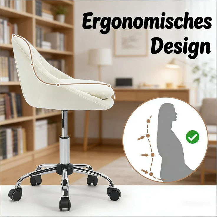 Bürostuhl 52 x 72–82 x 52 cm aus Samt und Metall, höhenverstellbar, drehbar, beige, 1 St. – Bild 5