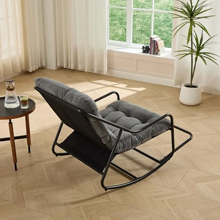 Ball & Cast Schaukelstuhl für Drinnen & Draußen, Rocking Chair mit Gepolstertem Kissen und Fußstütze, Balkonsessel für Wohnzimmer, Garten & Terrasse, Grau – Bild 6