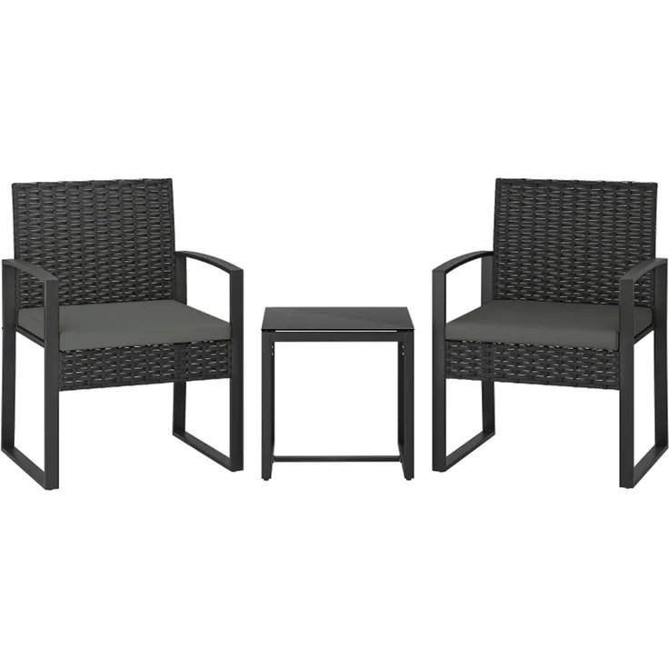 Balkon-Tischgruppe, Tisch H 40 x T 40 x B 40 cm, Kunststoff-Rattan und Glasplatte, mit 2 Stühlen