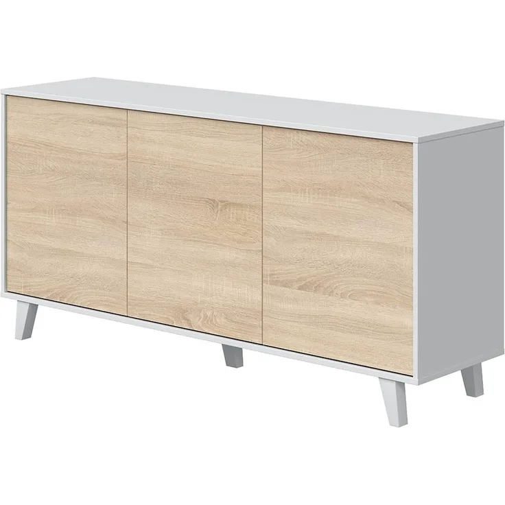 Sideboard mit drei Türen und drei Regalen, Eichenfarbe und Hochglanzweiß, Maße 154 x 41 x 75 cm