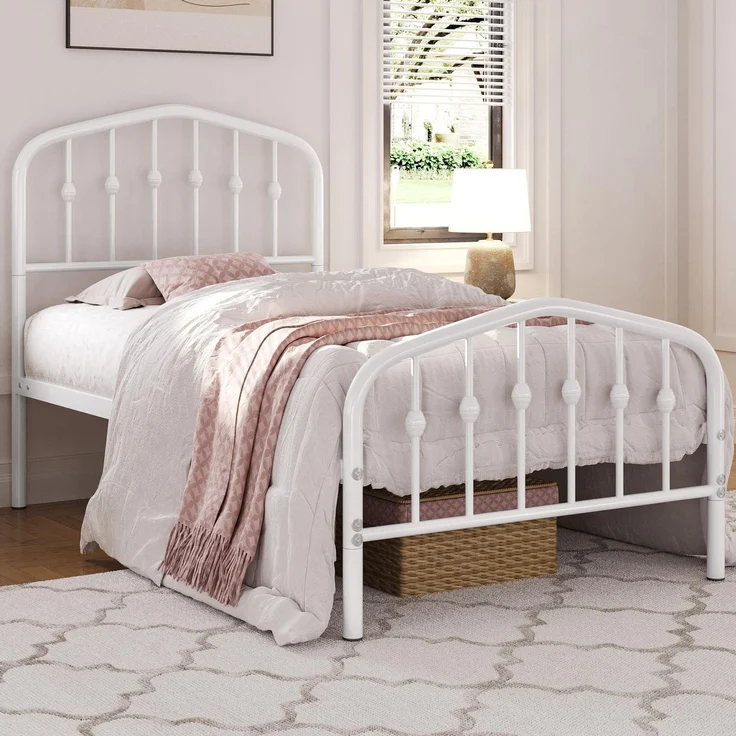 Yaheetech Bettrahmen 90 x 190 cm, Vintage Metallbett mit kronenförmigem Kopfteil, Stabiles Bettgestell Einzelbett aus Metall, Robust & Leichte Montage Gästebett Jugendbett Tagesbett, Weiß – Bild 1