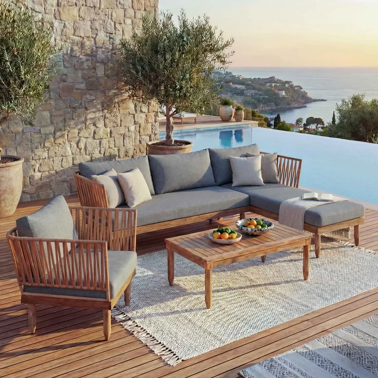 Garten-Garnitur HWC-L29, Garnitur Sitzgruppe Lounge-Set Sofa, Akazie Holz MVG-zertifiziert ~ dunkelgrau