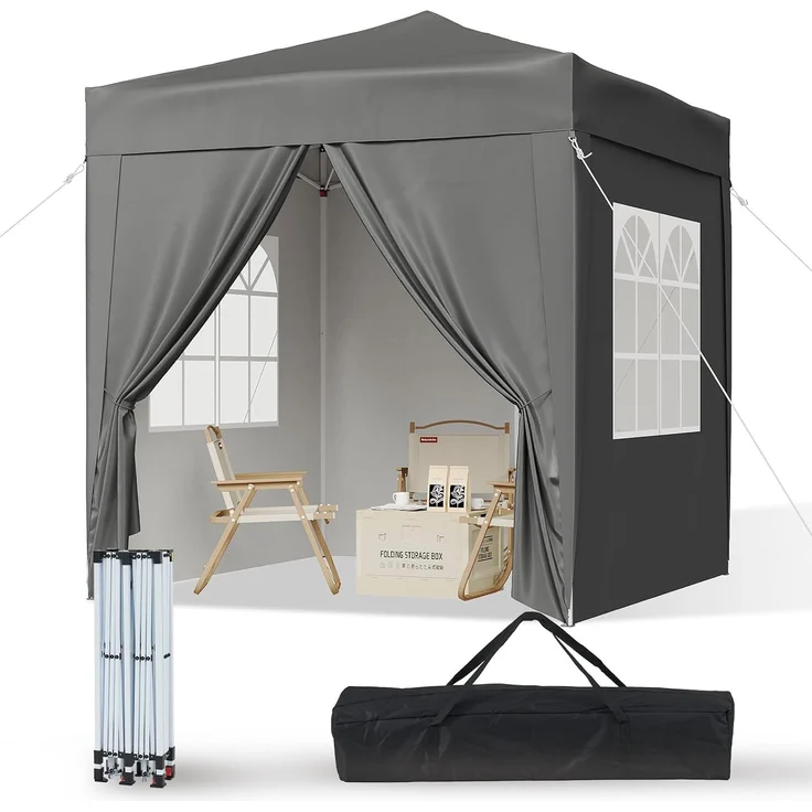 Aoxun Pop Up Pavillon 2x2m Wasserdicht mit 4 Seitenwänden, Metallrahmen-Schutzzelt, Höhe Verstellbar, Faltpavillon 2x2 mit Tragetasche für Camping Party, Grau – Bild 1
