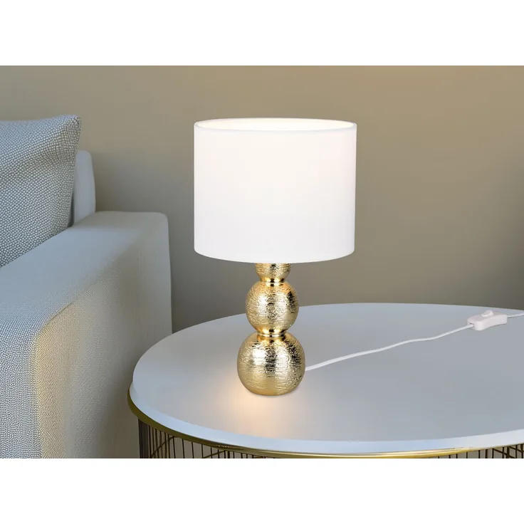 Tischleuchte LOVA mit Keramikfuß Gold & Stoffschirm Weiß, Höhe 29cm